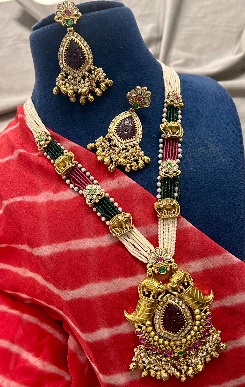 Heritage Peacock Temple Necklace with Carved Stone Pendant & Jhumka Earrings